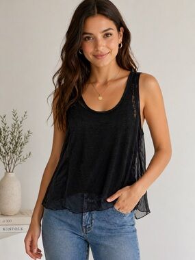 BCBG MaxAzria Black Sheer Tank Top Flowy Hem Lightweight Size XS